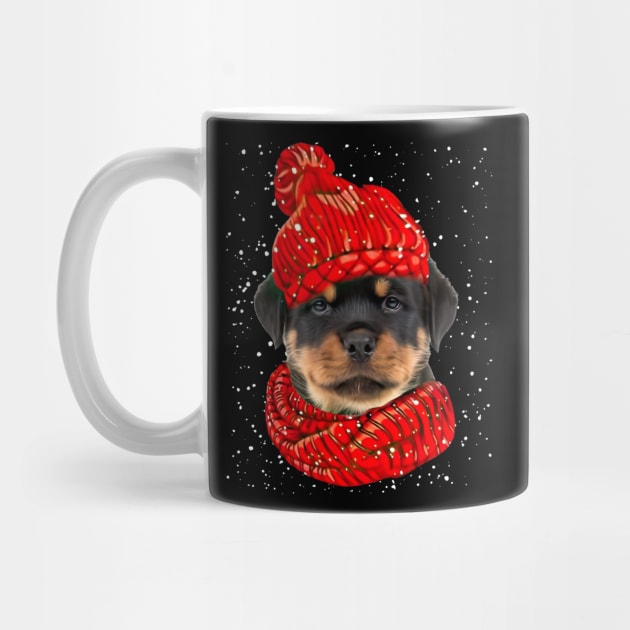 Rottweiler Wearing Red Hat And Scarf In Snow Christmas by Vintage White Rose Bouquets